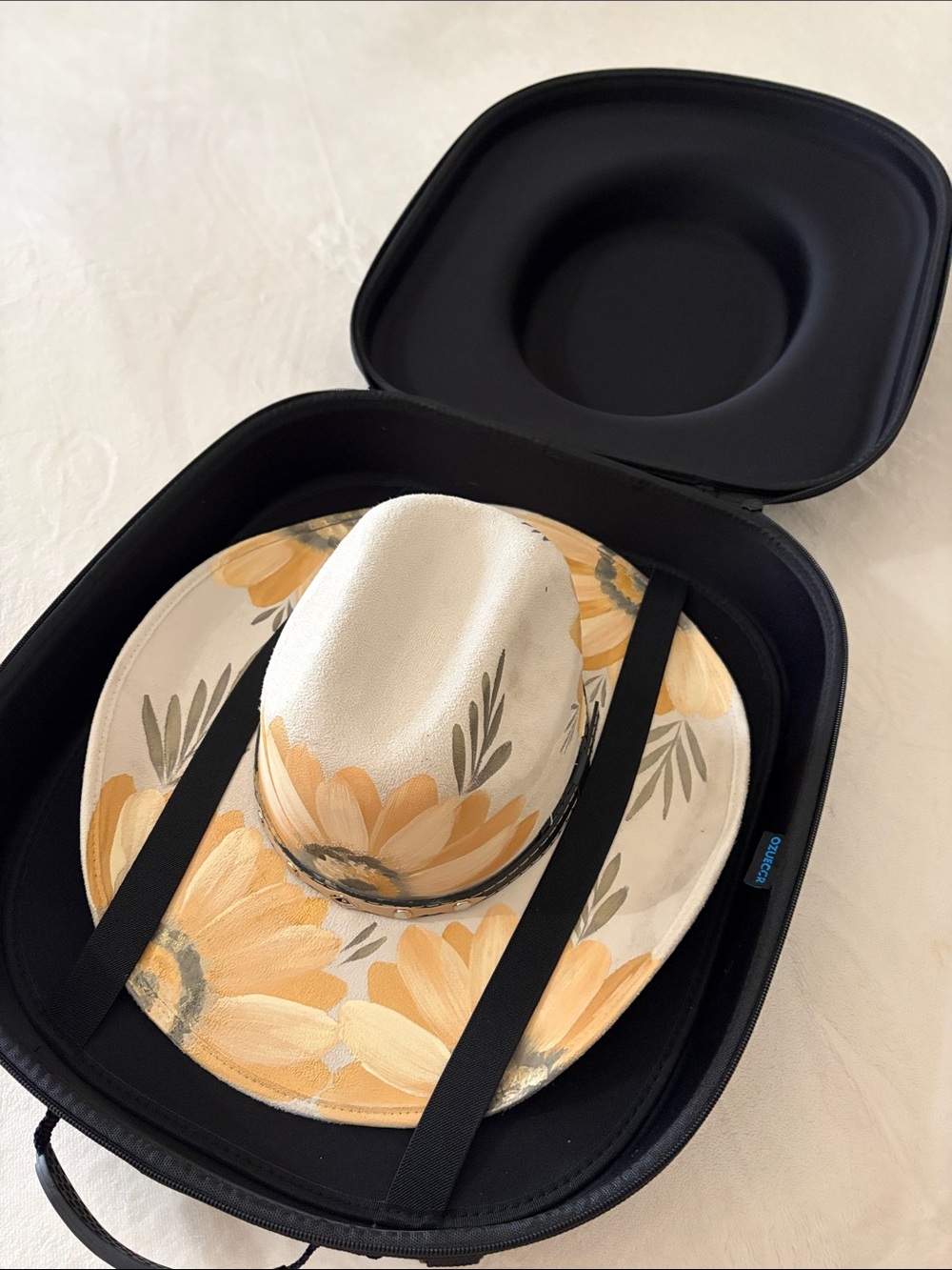 2 Piece Bundle. Hand-Painted Sunflower Cowboy Hat & Cowboy Hat Case  NEW